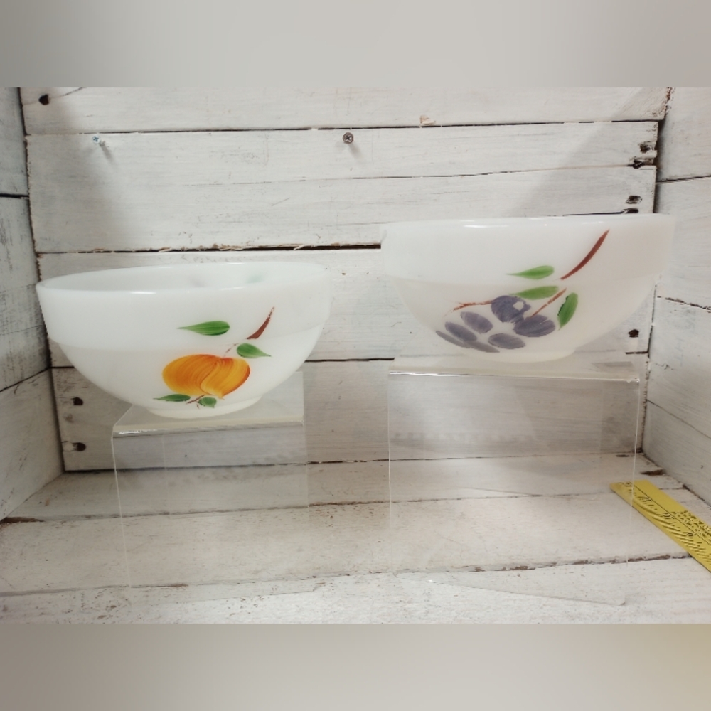 Vintage Fire King Fruit Bowls Set of 2 – Peach & Grape – Milk Glass Cottagecore